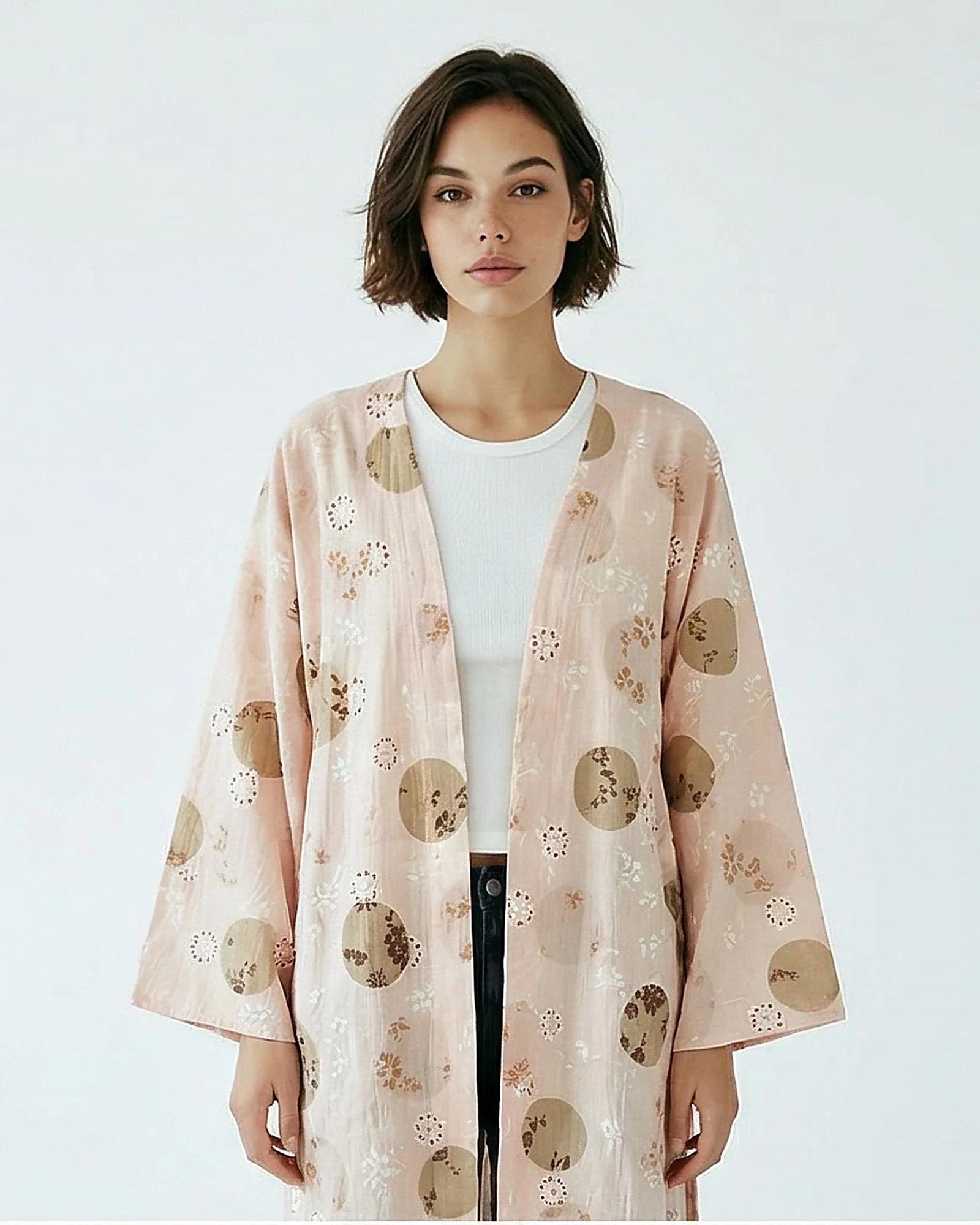 Blush Pink Printed Longline Open-Front Kimono - R217389 - Image 3