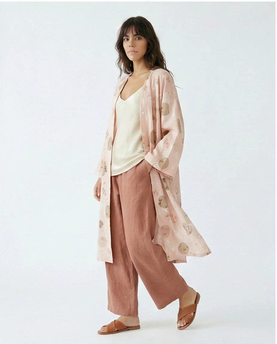 Blush Pink Printed Longline Open-Front Kimono - R217389 - Image 5