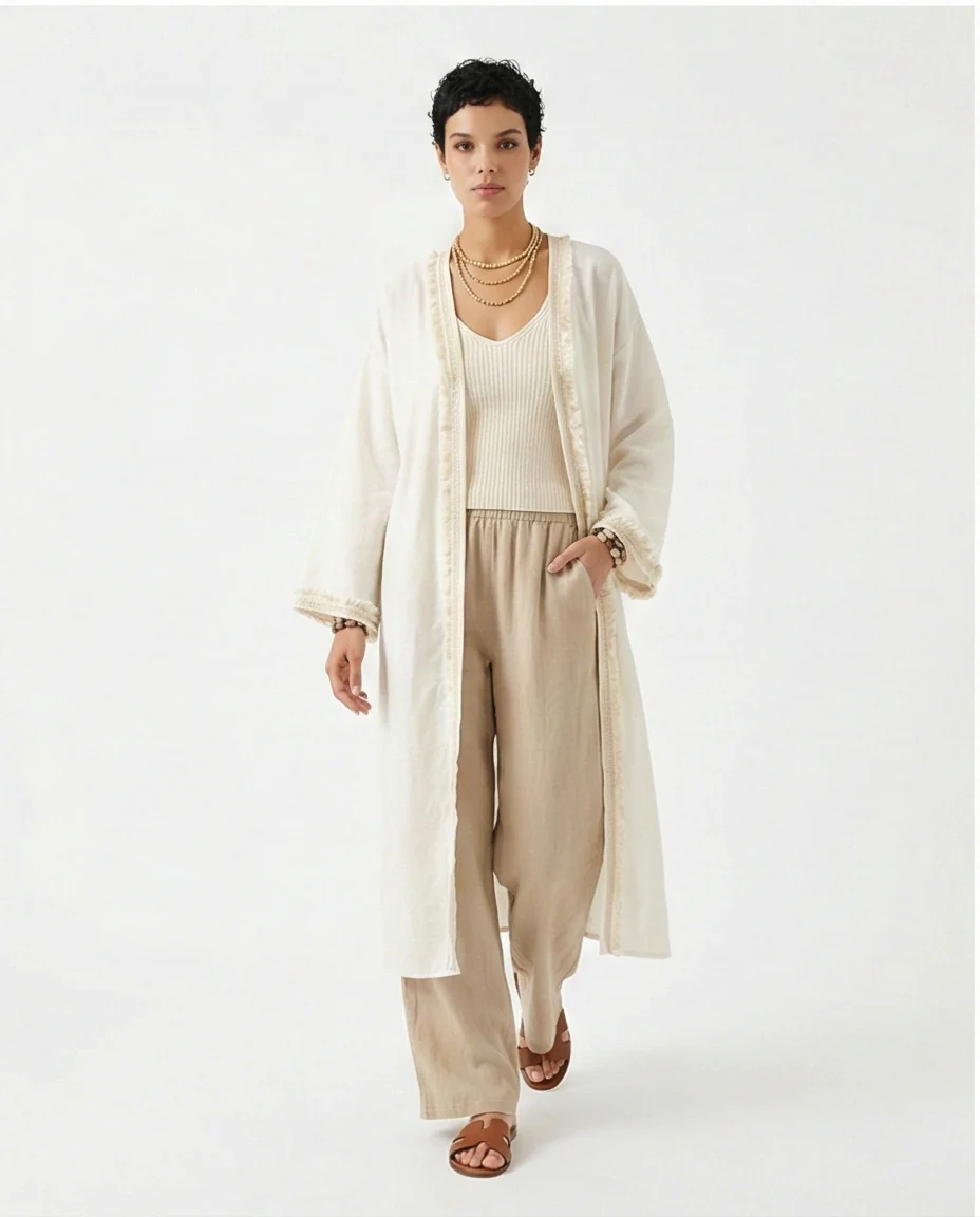 Cream Lightweight Longline Fringed Cardigan - R217005 - Image 2