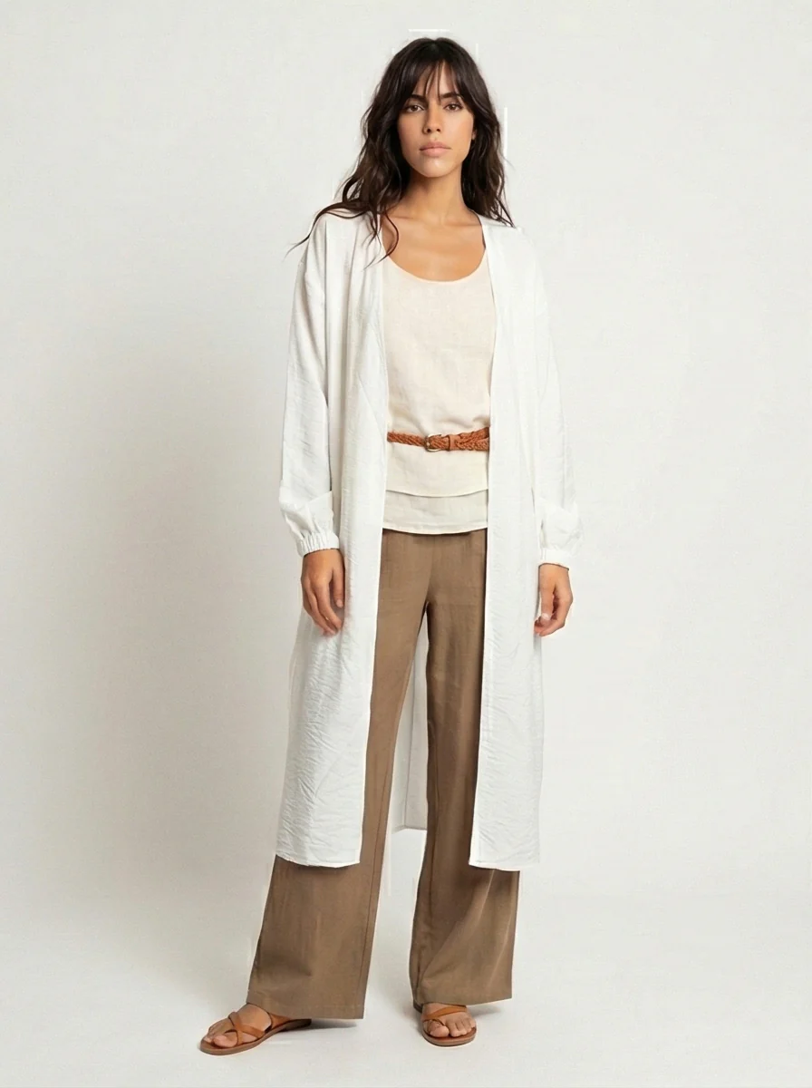 White Crinkled Texture Longline Open Front Cardigan - R217006 - Image 3