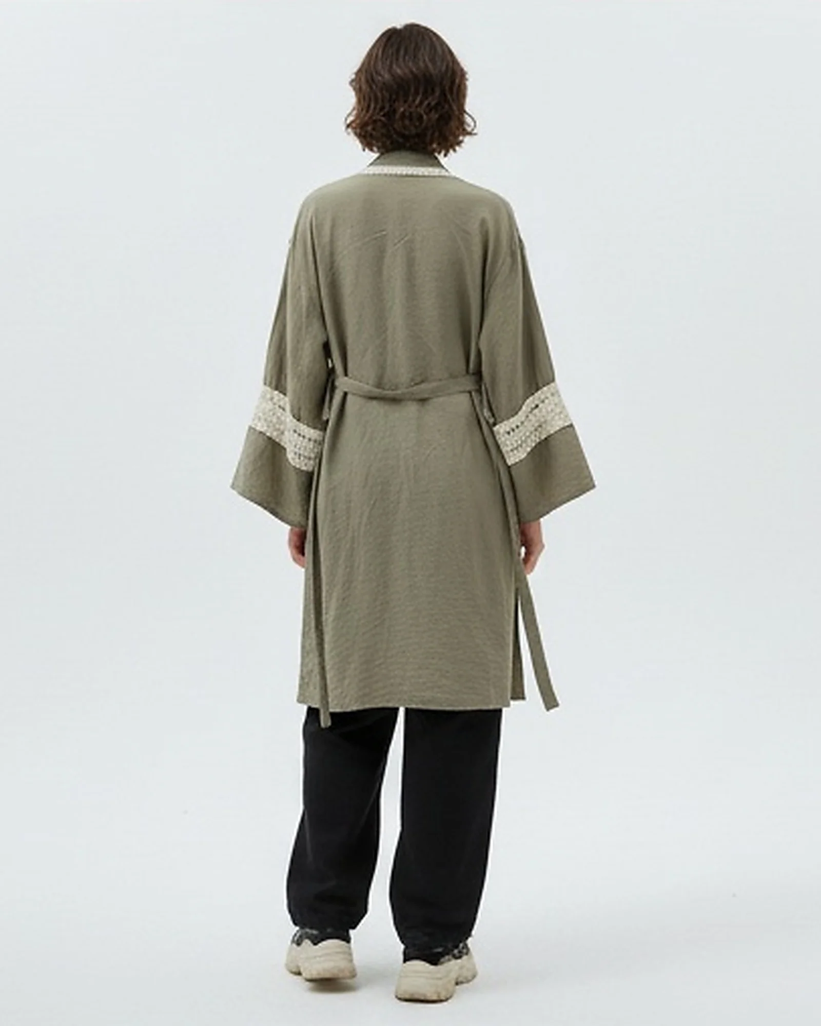 Olive Green Crochet-Trimmed Longline Kimono Cardigan - R217008 - Image 2