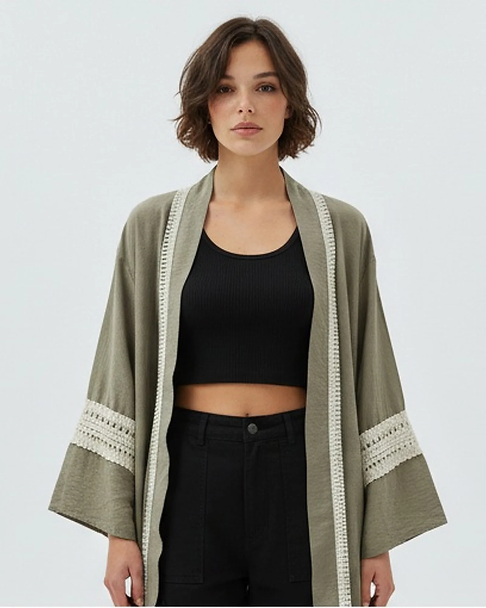 Olive Green Crochet-Trimmed Longline Kimono Cardigan - R217008 - Image 3