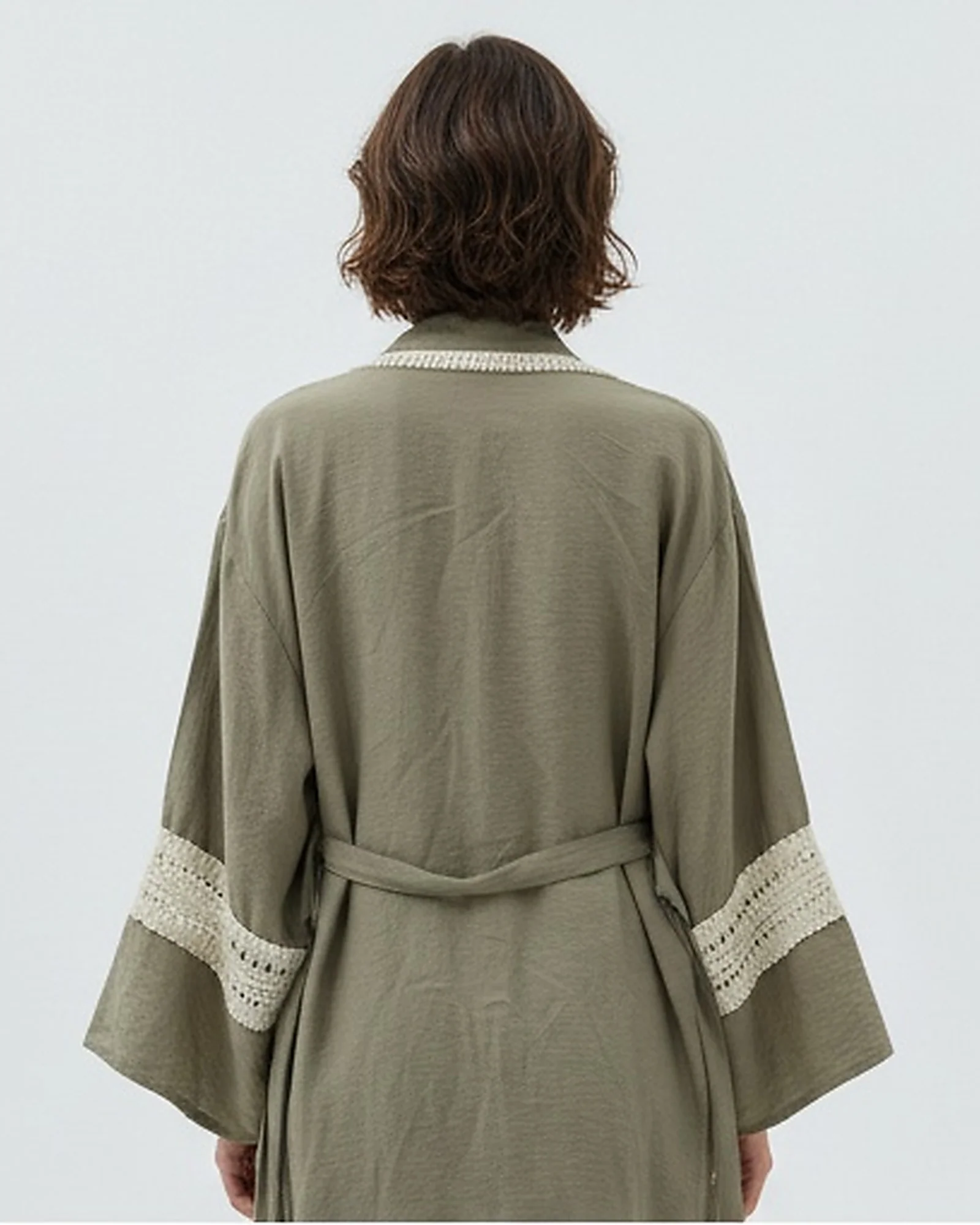 Olive Green Crochet-Trimmed Longline Kimono Cardigan - R217008 - Image 4