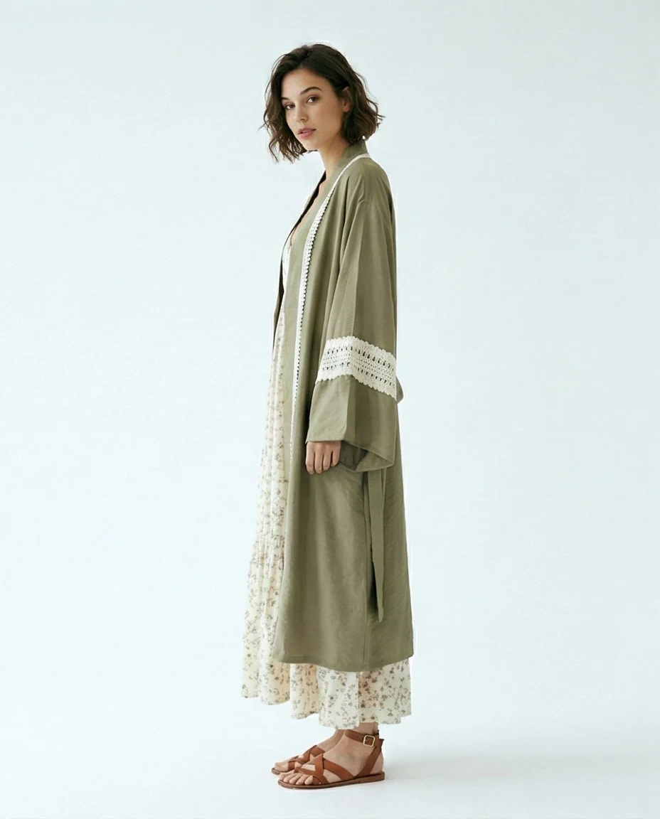 Olive Green Crochet-Trimmed Longline Kimono Cardigan - R217008 - Image 5