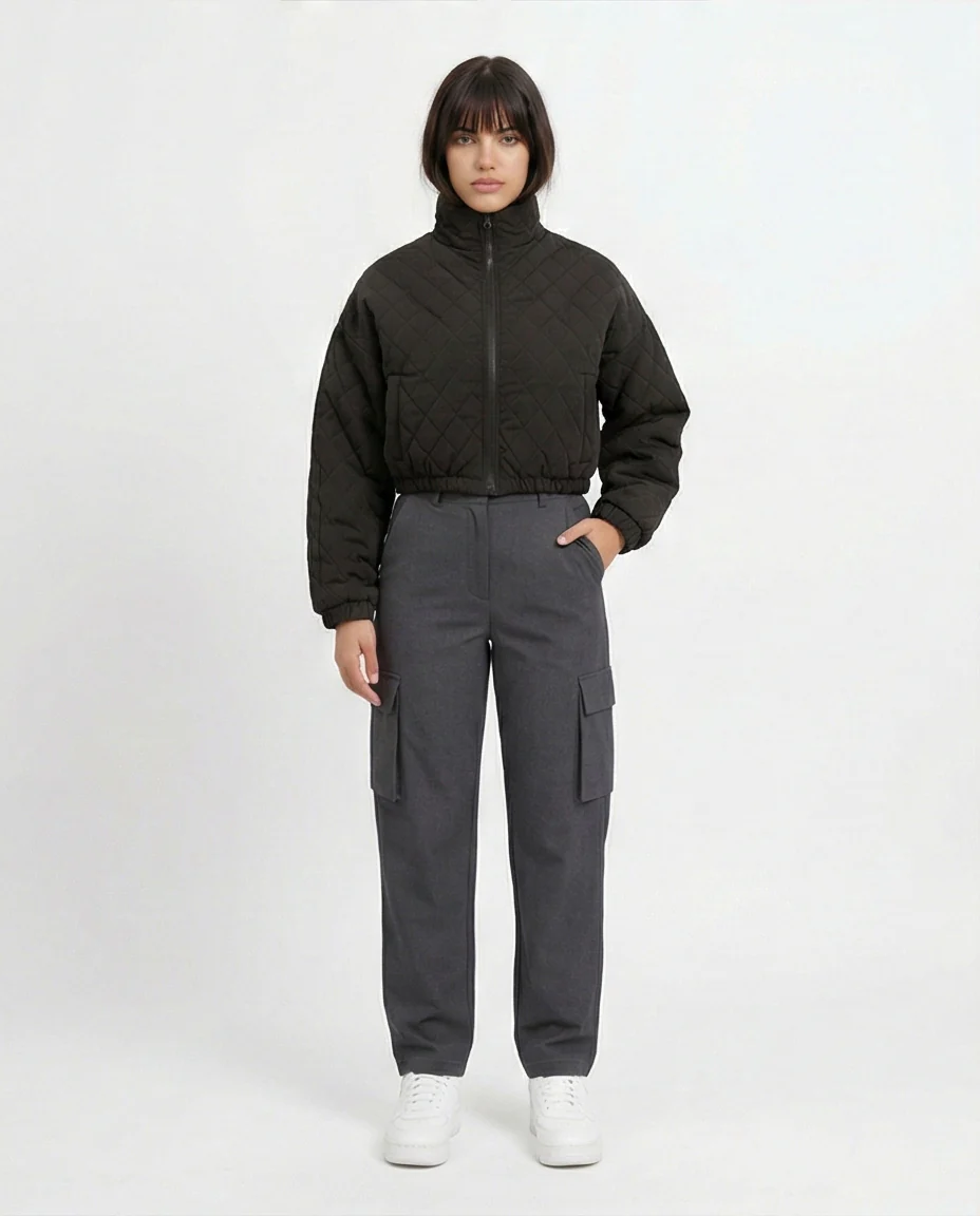 Women's Charcoal Cropped Diamond Quilted Jacket - O198986 - Image 3