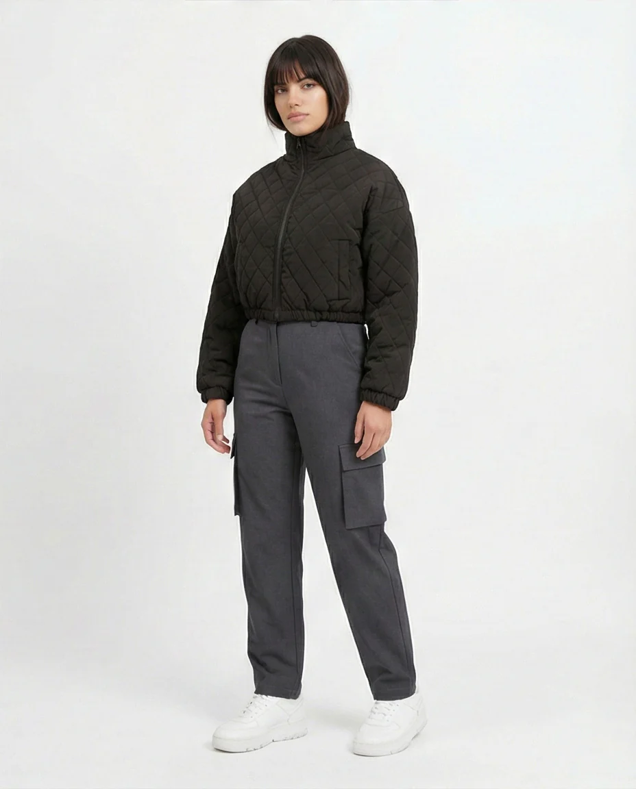Women's Charcoal Cropped Diamond Quilted Jacket - O198986 - Image 4