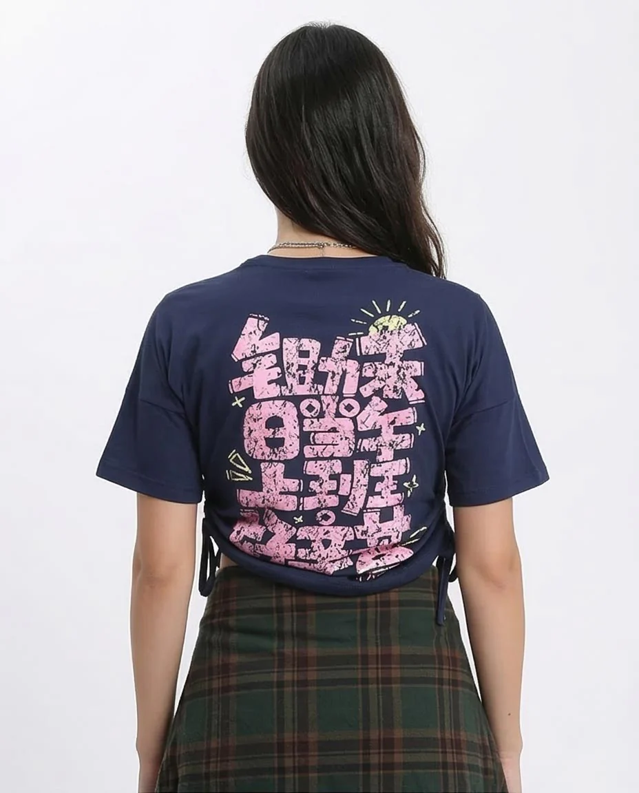 Ravin Women’s Cinched-Side Graphic Tee – Navy Blue Distressed Print - R207870 - Image 2
