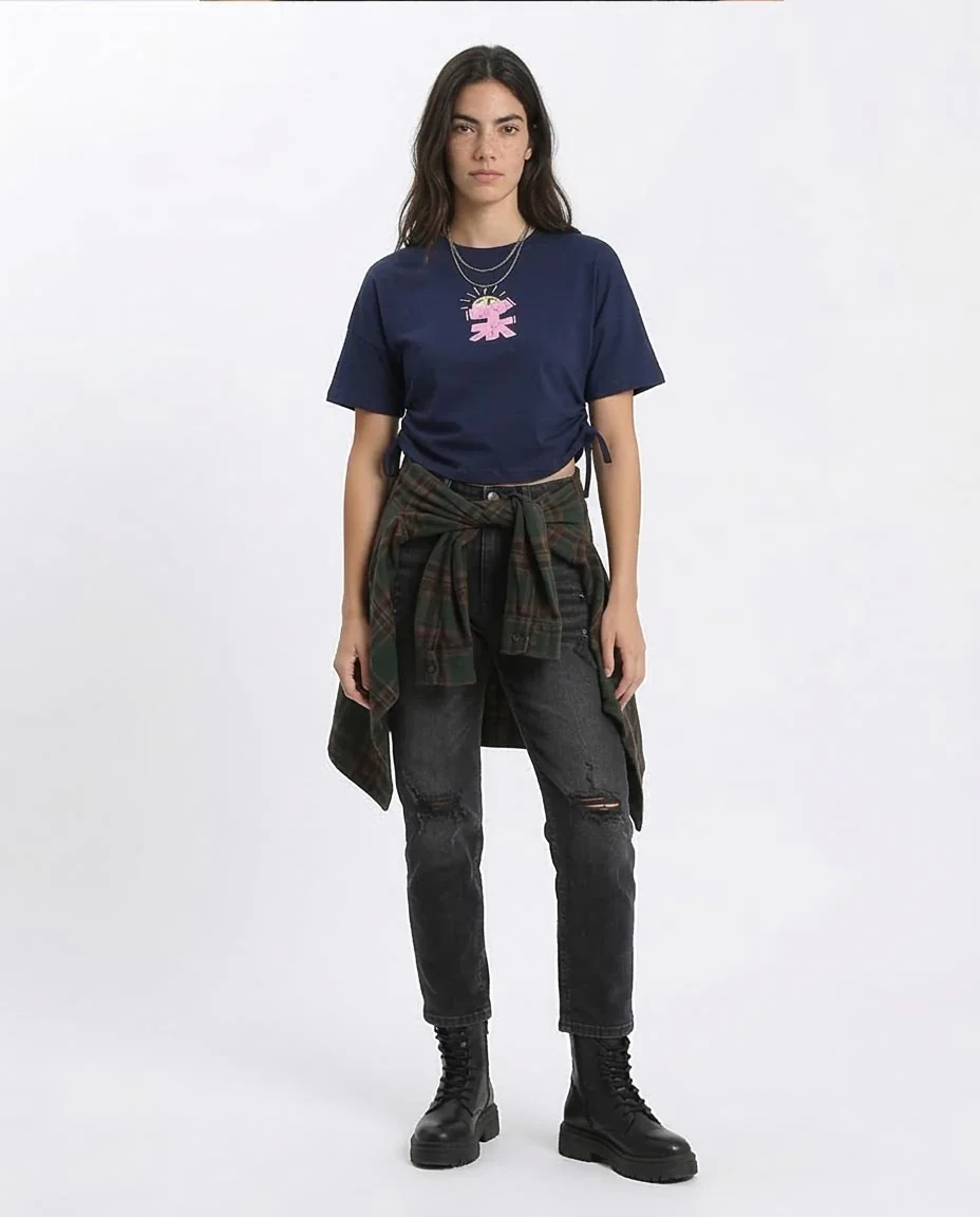 Ravin Women’s Cinched-Side Graphic Tee – Navy Blue Distressed Print - R207870 - Image 3