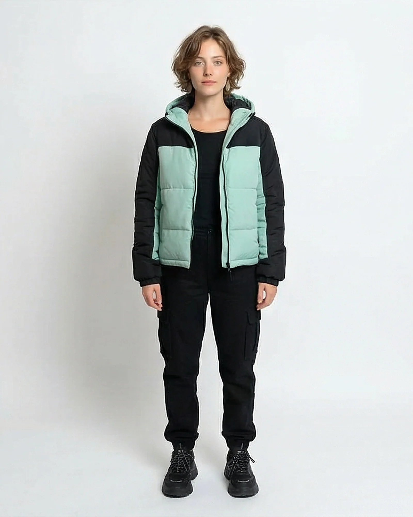 Colorblock Hooded Puffer Jacket in Mint Green & Black - Image 3