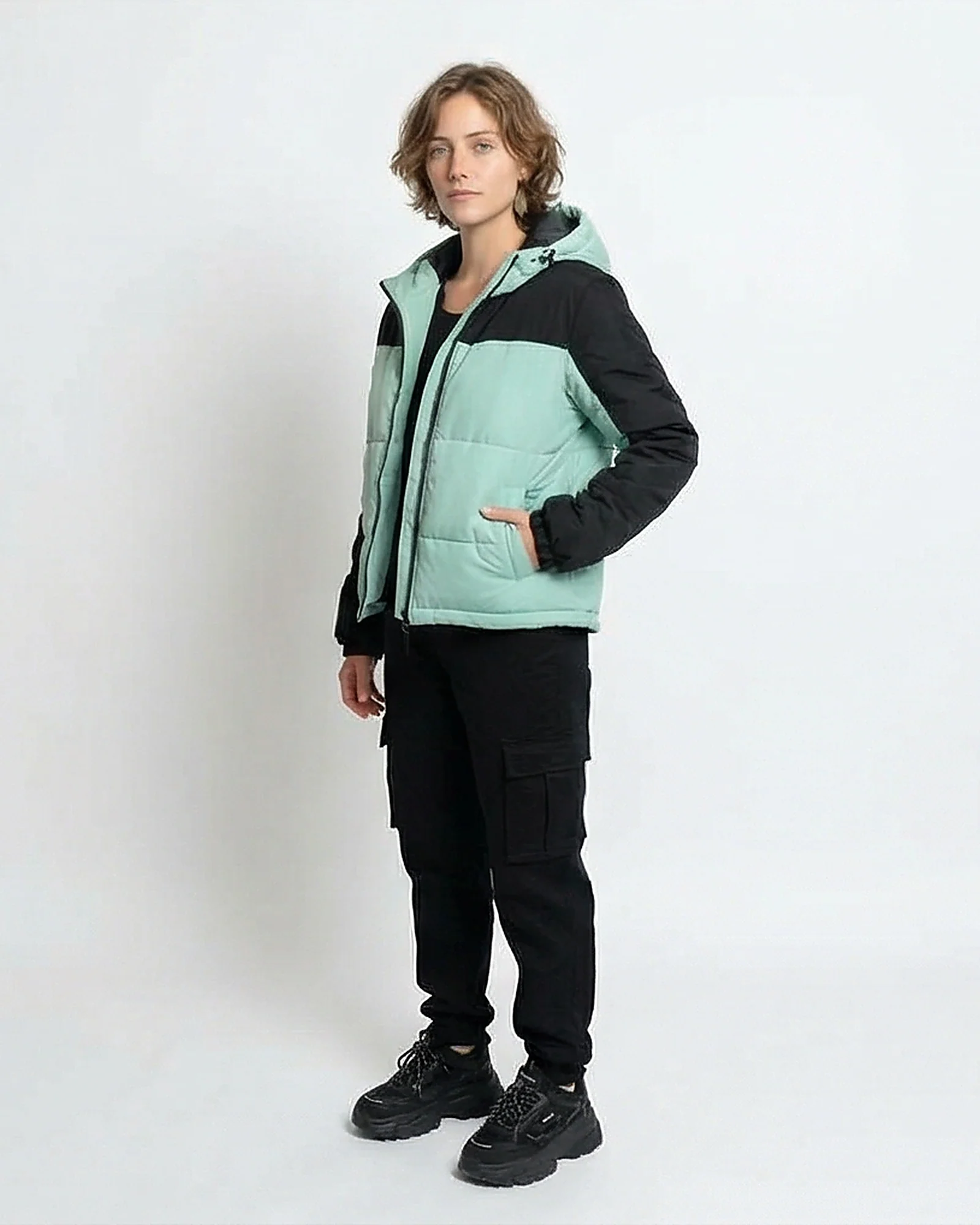 Colorblock Hooded Puffer Jacket in Mint Green & Black - Image 4