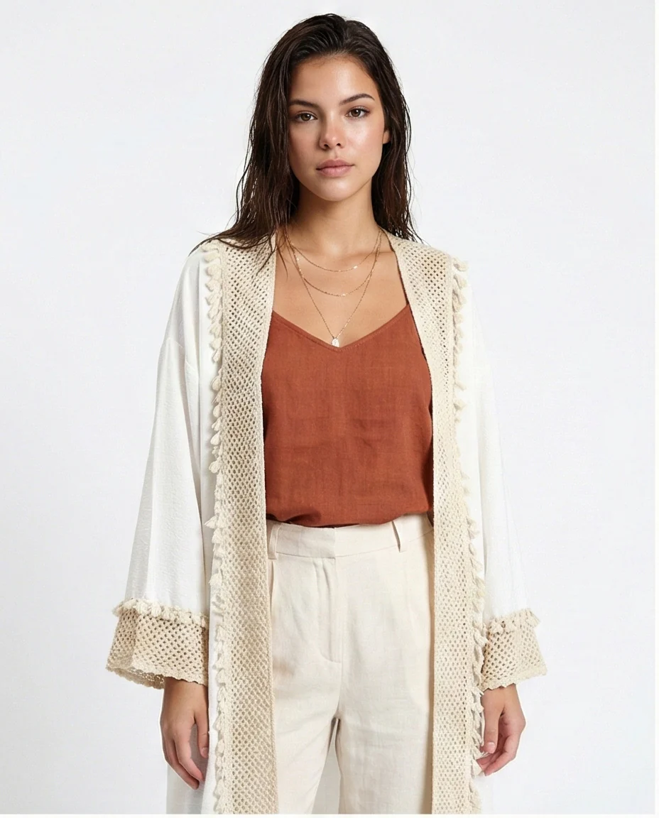 Women's Cream Textured Crochet-Trim Open Cardigan - Image 3