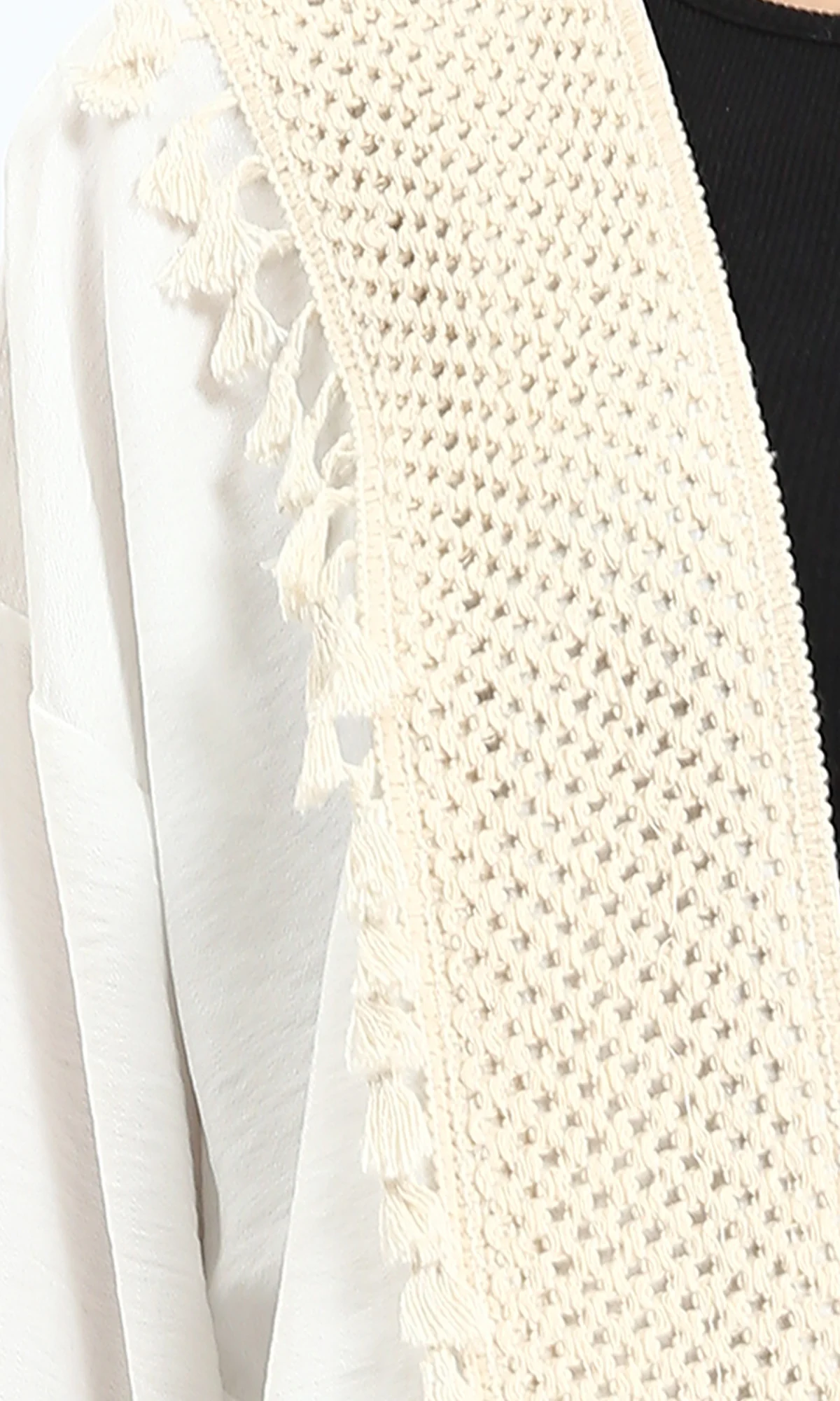 Women's Cream Textured Crochet-Trim Open Cardigan - Image 4
