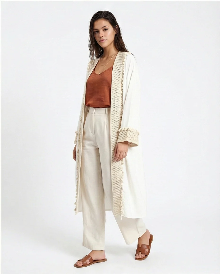 Women's Cream Textured Crochet-Trim Open Cardigan - Image 5