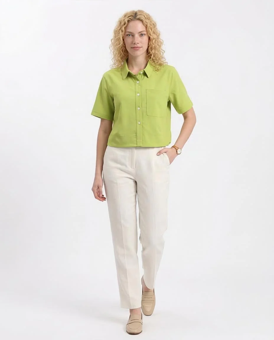 Ravin Women’s Crinkle-Textured Short Sleeve Boxy Shirt - Lime - R210793 - Image 5