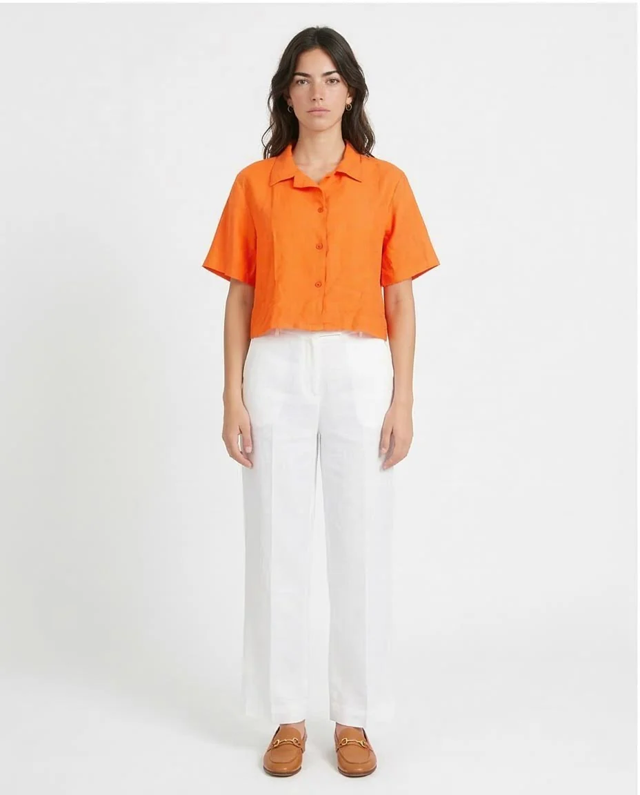 Ravin Women’s Cropped Linen-Look Short Sleeve Shirt - Neon Orange - O204336 - Image 3