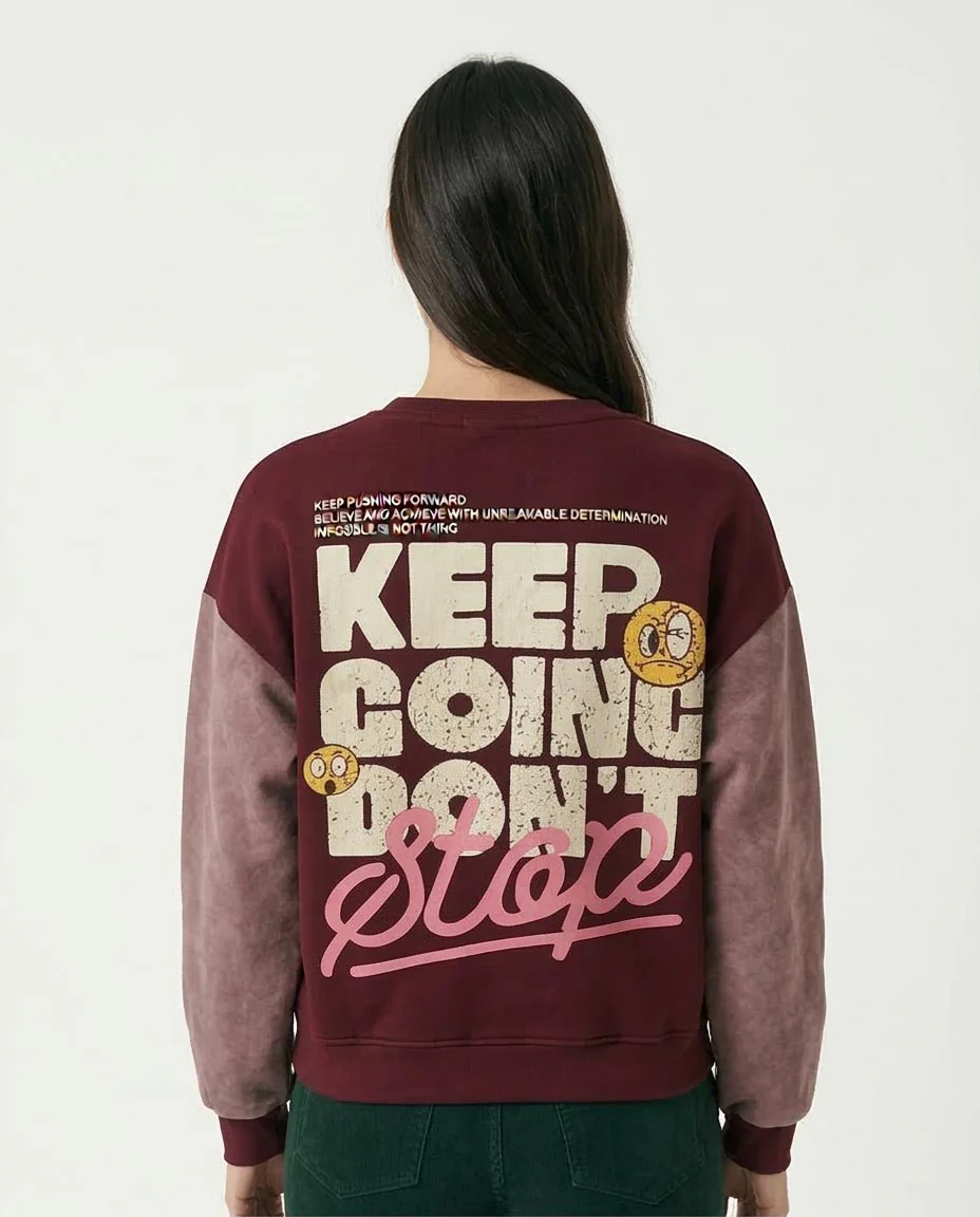 Ravin Women's "DON'T STOP" Multi-Print Color-Block Sweatshirt – Burgundy & Rose Melton - R212676 - Image 2