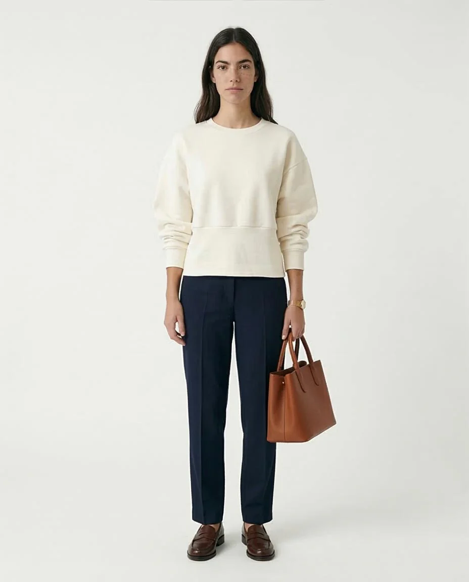 Ravin Women’s Drop-Shoulder Melton Sweatshirt – Architectural Waist Detail in Ivory - R214912 - Image 3