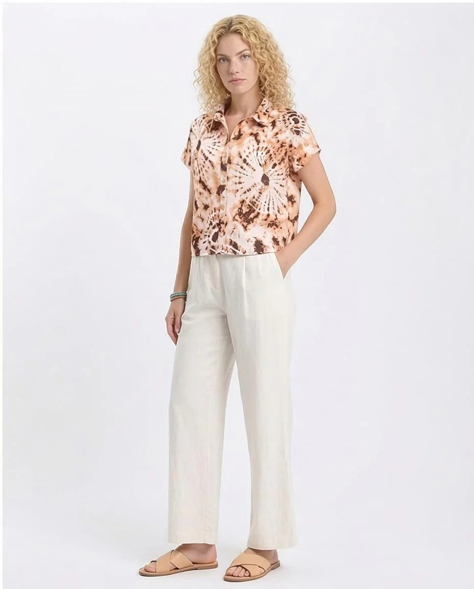 Ravin Women’s Earth-Tone Radial Tie-Dye Short Sleeve Linen-Look Shirt - Brown & Light Orange - R204845 - Image 5