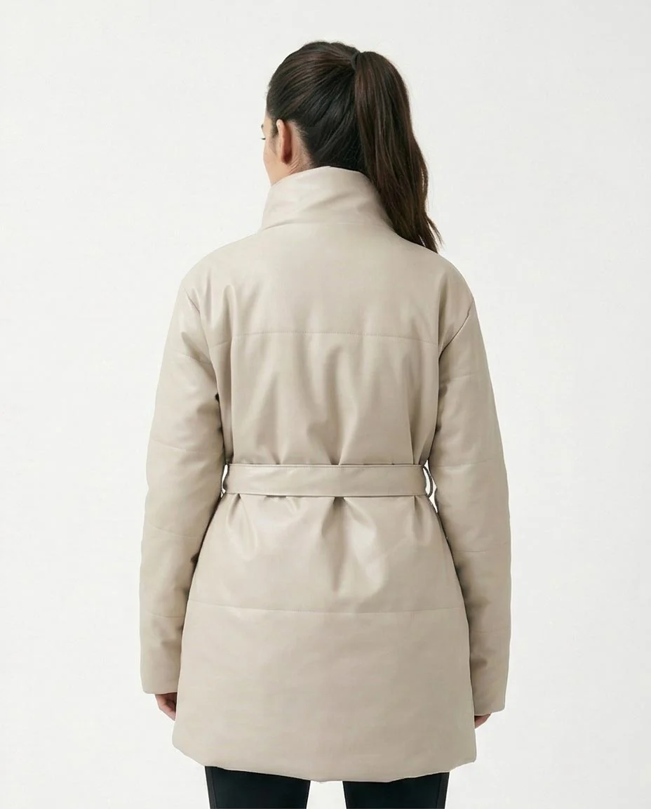 RAVIN Women’s Faux-Leather Belted Puffer Jacket – Oatmeal - R211601 - Image 2