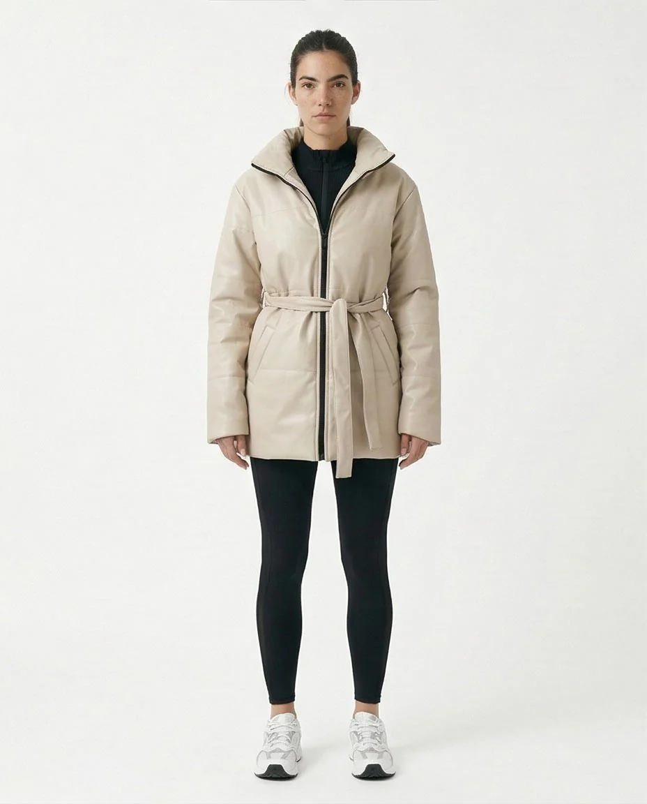 RAVIN Women’s Faux-Leather Belted Puffer Jacket – Oatmeal - R211601 - Image 4