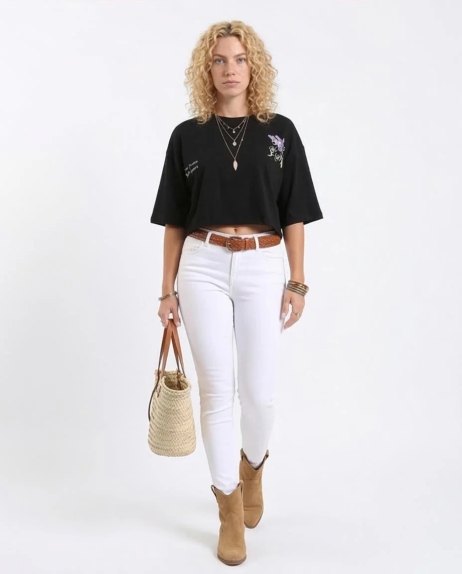 Ravin Women's "Good Vibes" Cropped Graphic T-Shirt – Black - R208611 - Image 3