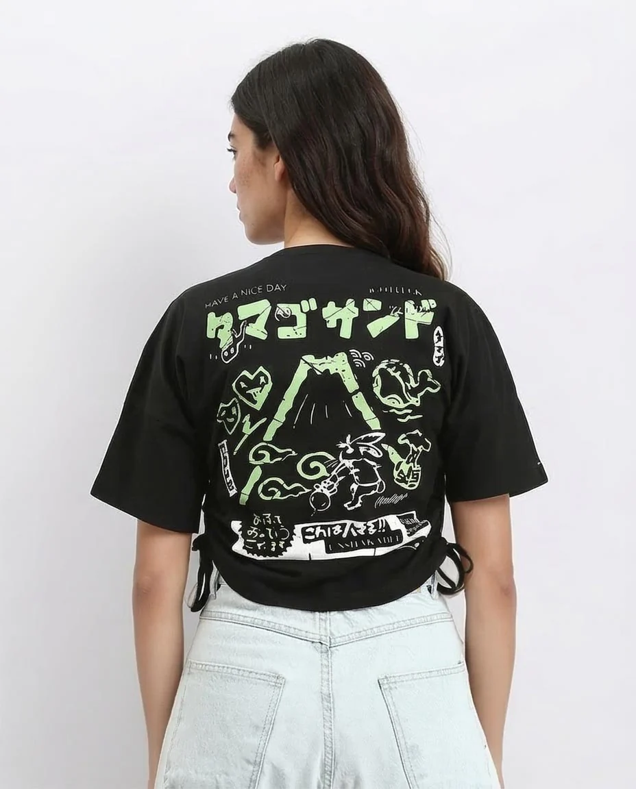 Ravin Women's Graphic Crop Tee with Side-Cinch Detail – "Tamago Sand" Edition - Black - R209233 - Image 2