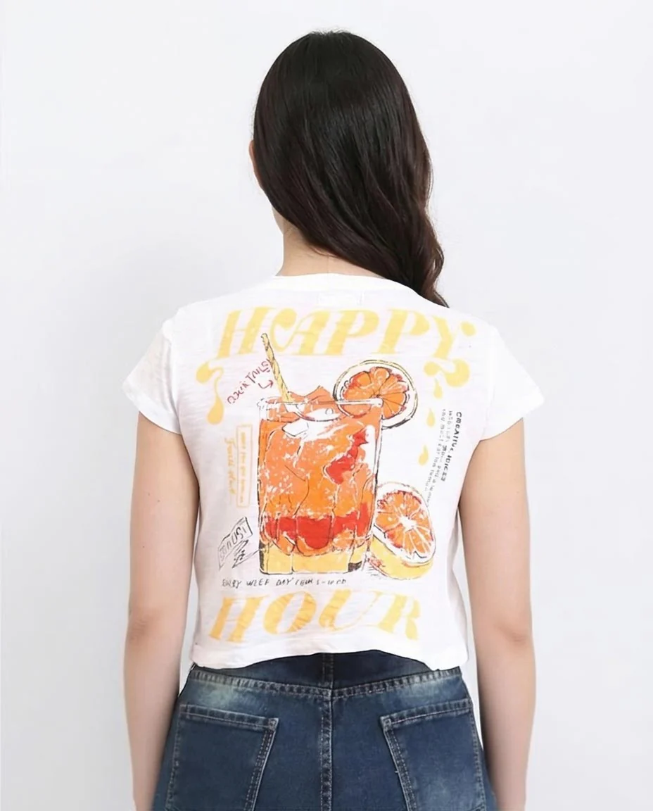 Ravin Women’s "Happy Hour" Graphic Cropped Slub T-Shirt - White - R208614 - Image 2