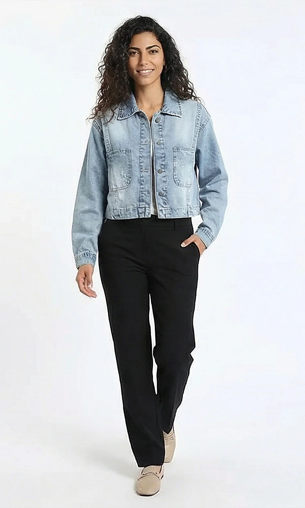 Women's Light Blue Distressed Cropped Denim Jacket - Image 3