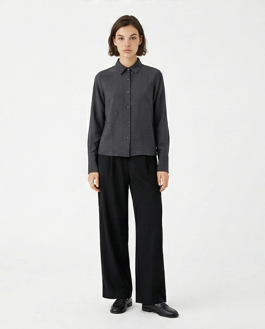 Charcoal Textured Button-Down Long Sleeve Shirt - R217038 - Image 3