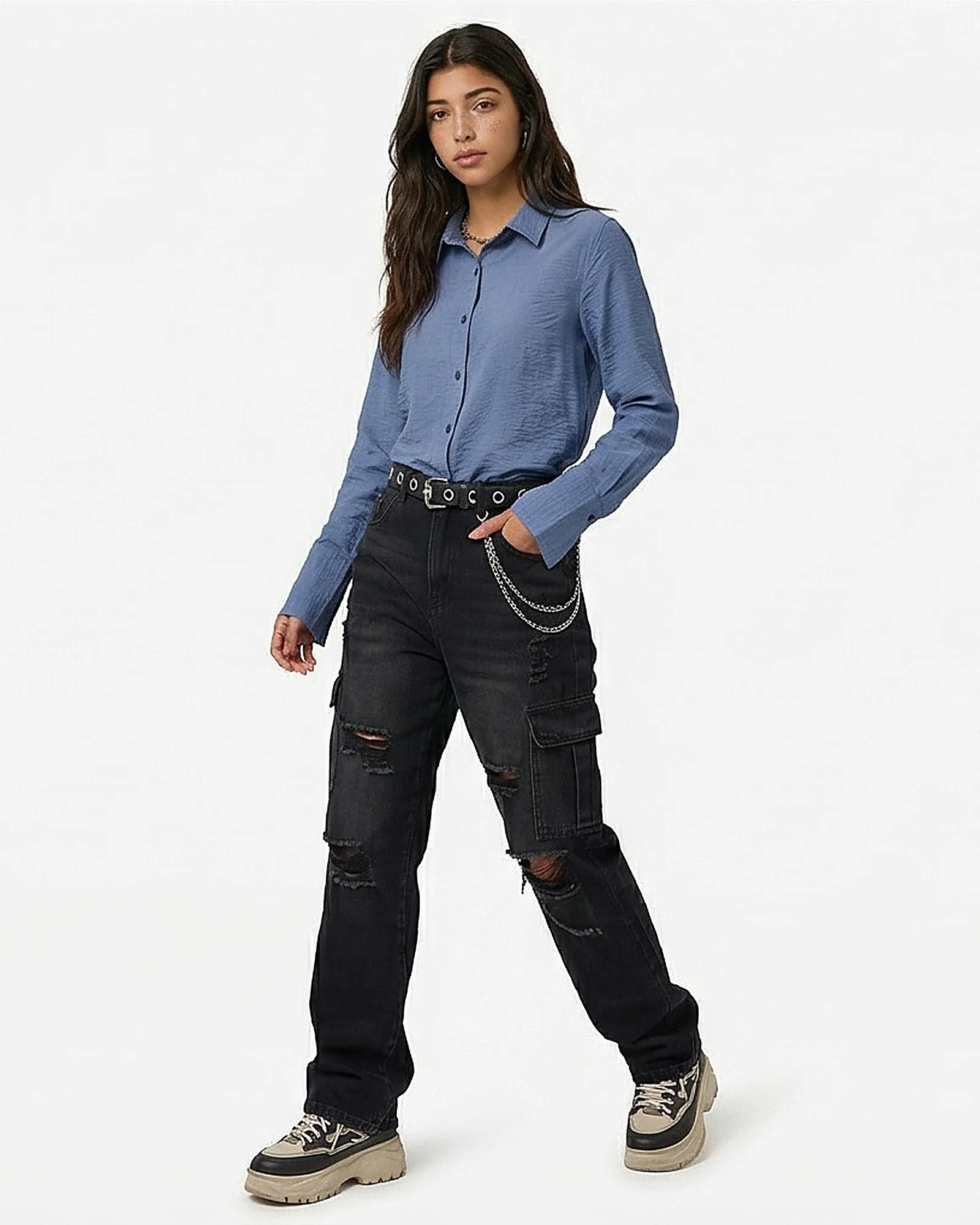 Slate Blue Textured Button-Down Long Sleeve Shirt - R217039 - Image 3