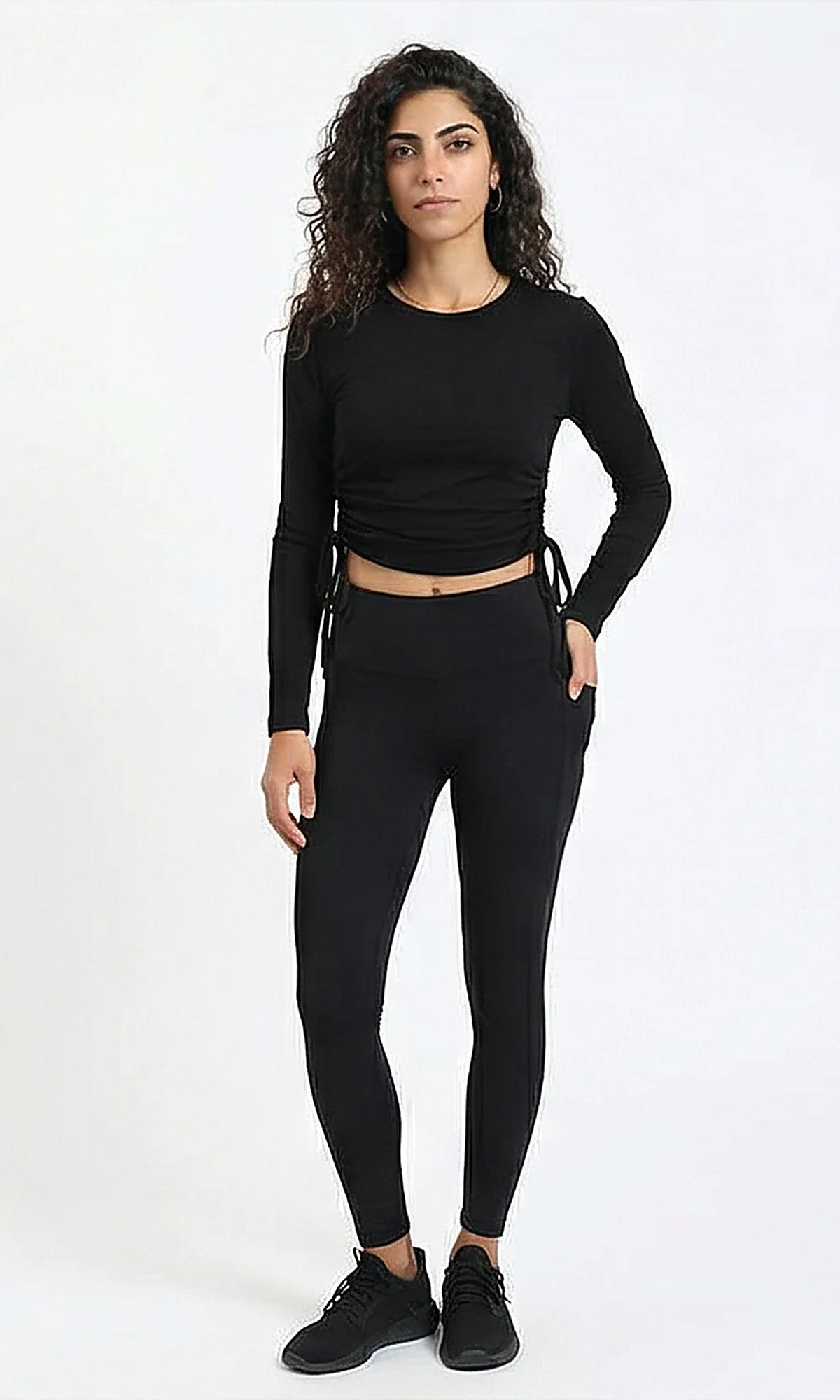 Black Ruched Side Cropped Long Sleeve T-Shirt - R215789 - Image 4
