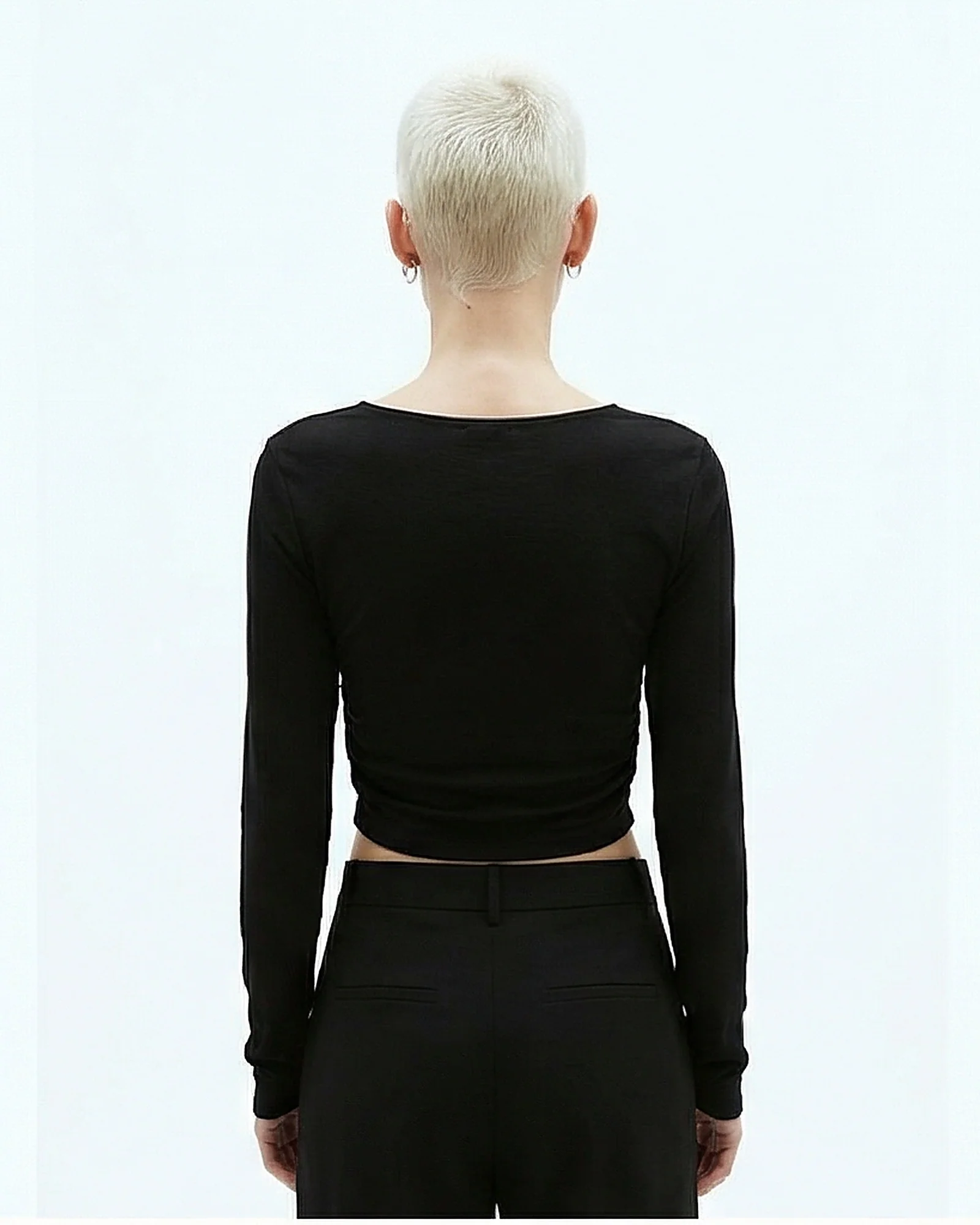 Black Ruched Cropped Long Sleeve Tee - R215853 - Image 2
