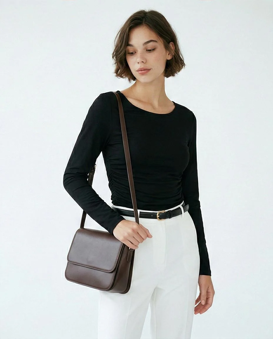 Sleek Black Side-Ruched Long Sleeve T-Shirt - R216556 - Image 2