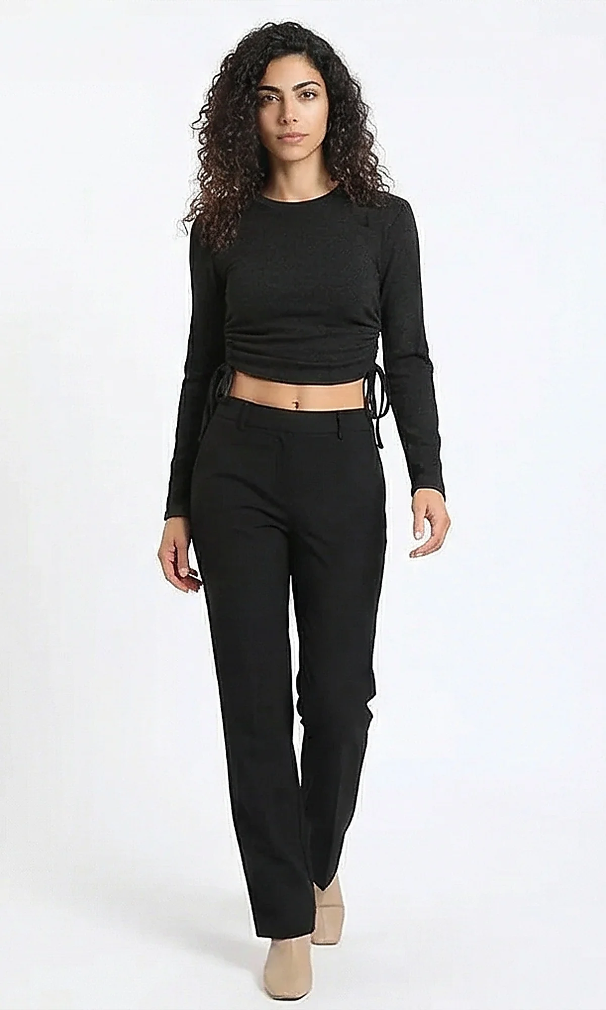 Black Side-Ruched Long Sleeve Cropped Top - R215794 - Image 3