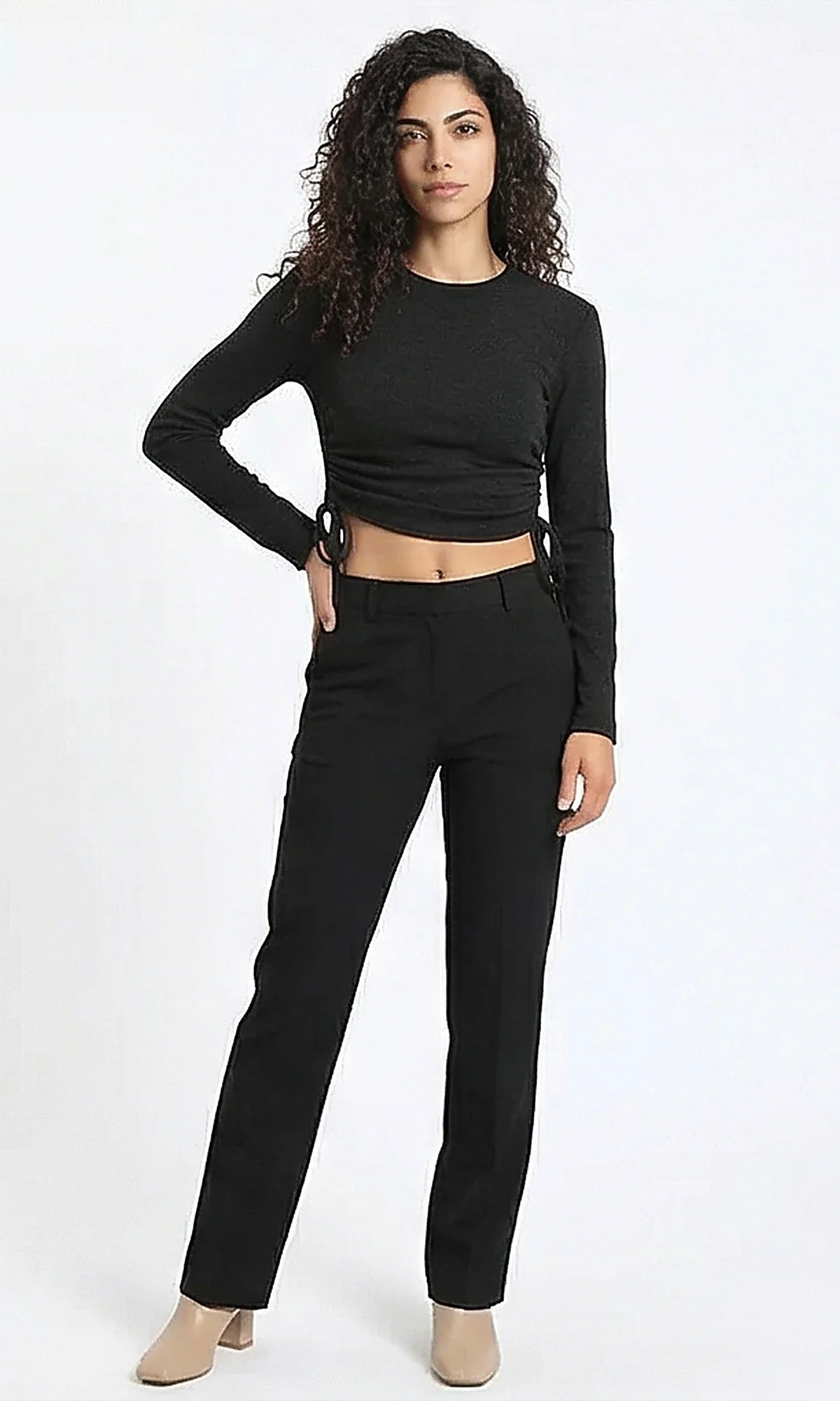 Black Side-Ruched Long Sleeve Cropped Top - R215794 - Image 4