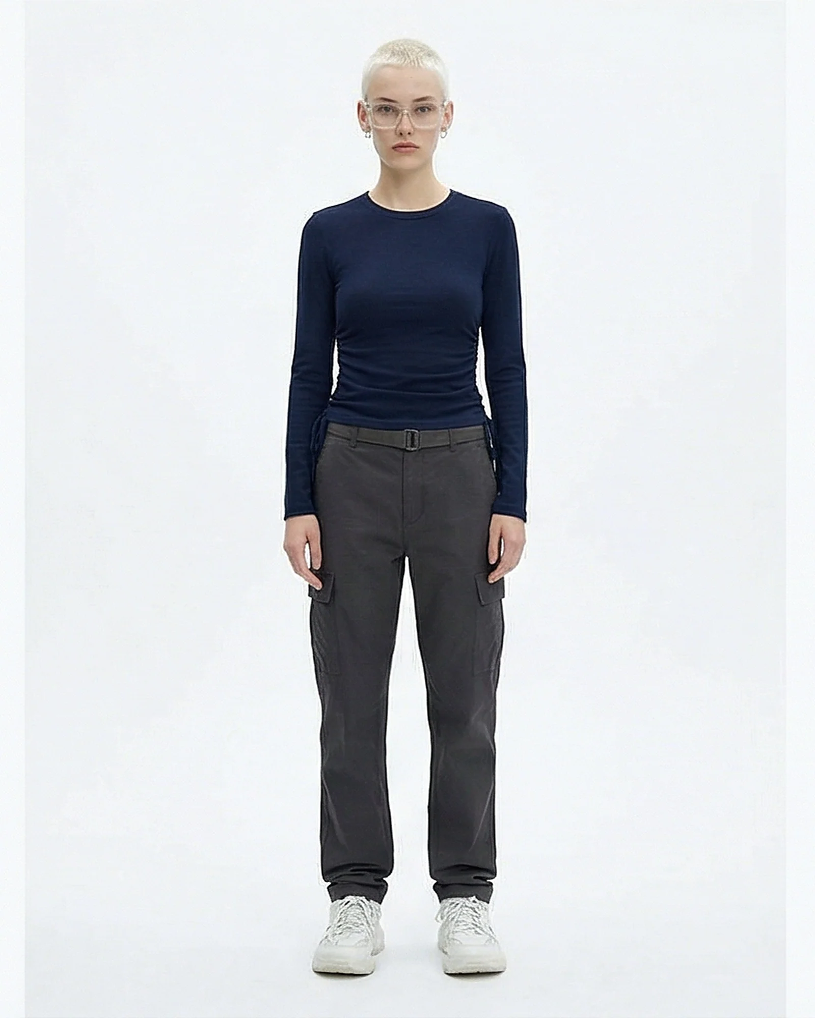 Navy Side-Ruched Long Sleeve T-Shirt - R215792 - Image 3