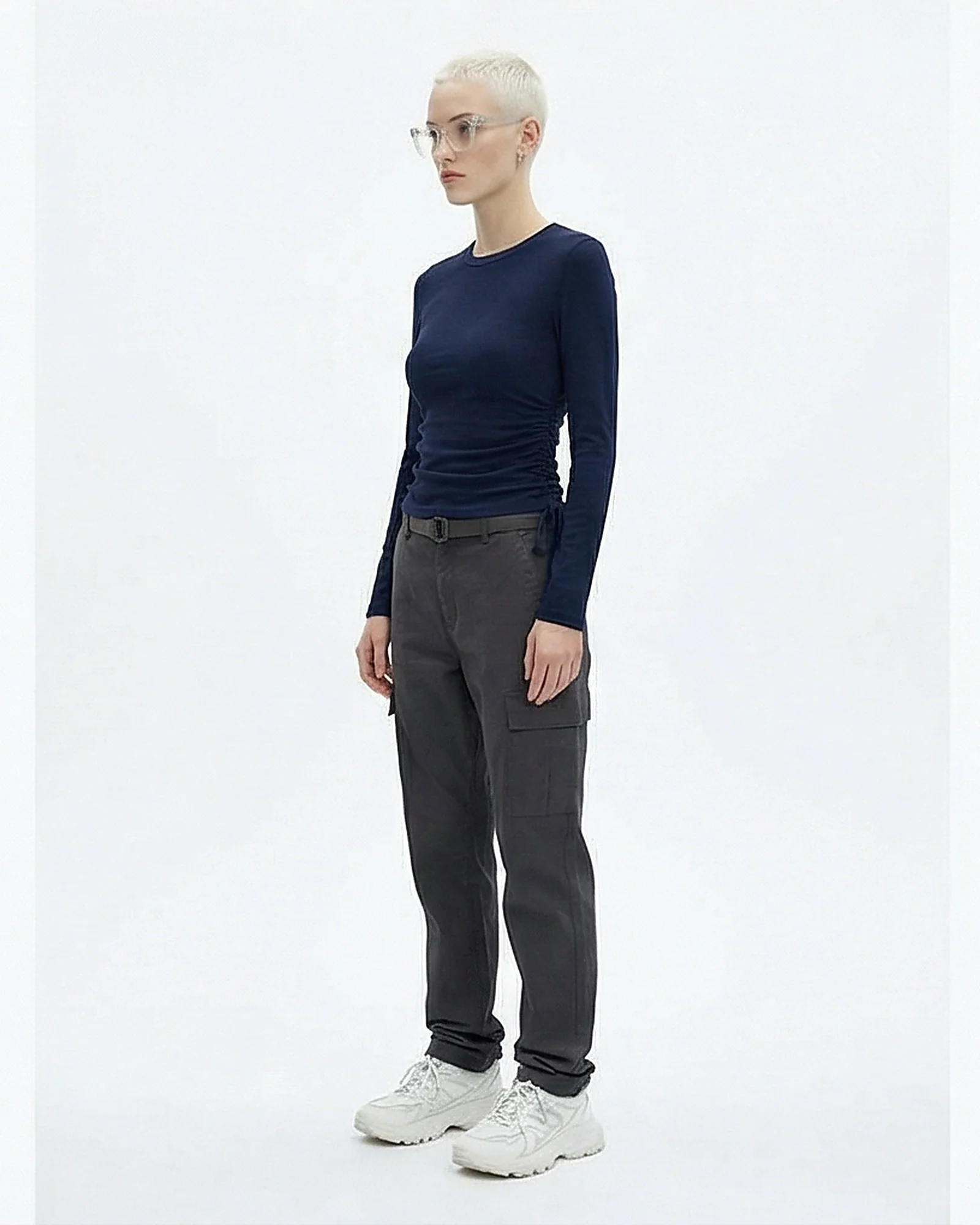 Navy Side-Ruched Long Sleeve T-Shirt - R215792 - Image 4