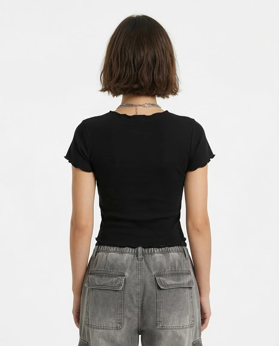 Ravin Women's "Love Yourself" Lettuce-Edge Graphic Baby Tee – Black - R205867 - Image 2