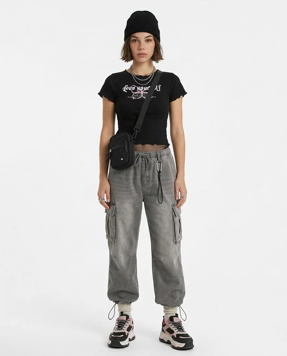 Ravin Women's "Love Yourself" Lettuce-Edge Graphic Baby Tee – Black - R205867 - Image 3