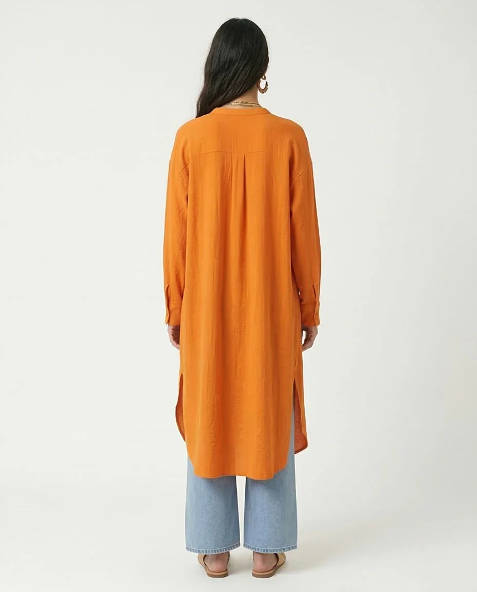 Ravin Women’s Mandarian Collar Textured Longline Tunic – Vibrant Orange - R208124 - Image 2