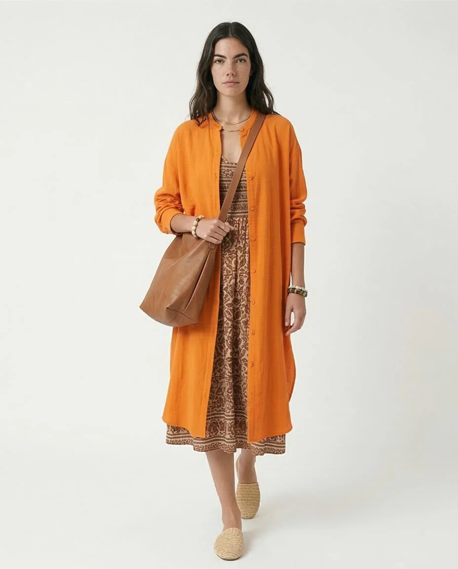 Ravin Women’s Mandarian Collar Textured Longline Tunic – Vibrant Orange - R208124 - Image 5