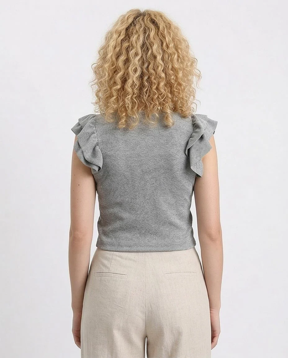 Ravin Women’s Metallic Ribbed Knit Ruffle Sleeve Top - Heather Grey - R212449 - Image 2