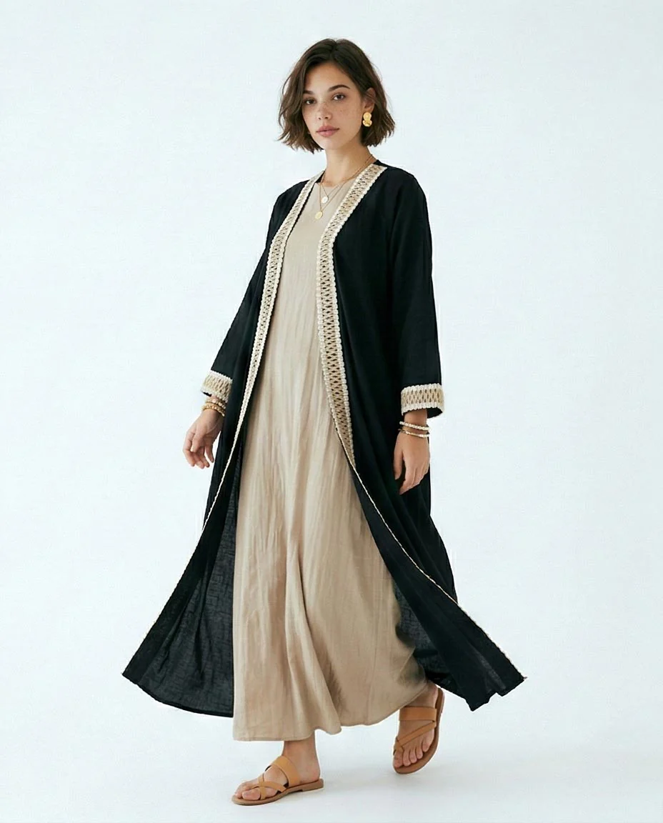 Minimalist Black Contrast-Trim Open Cardigan - Image 3