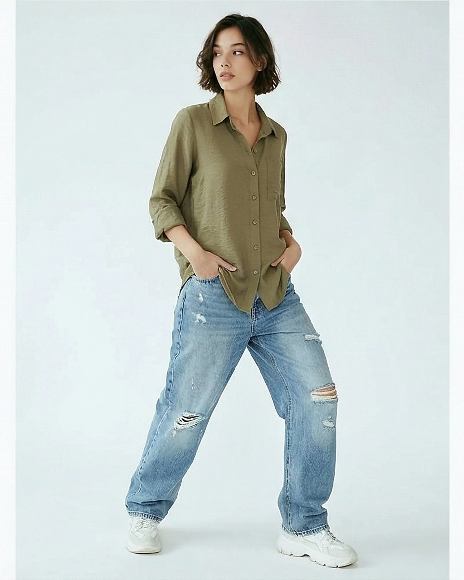 Women's Earthy Olive Crinkle-Texture Button-Down Shirt - R217239 - Image 3