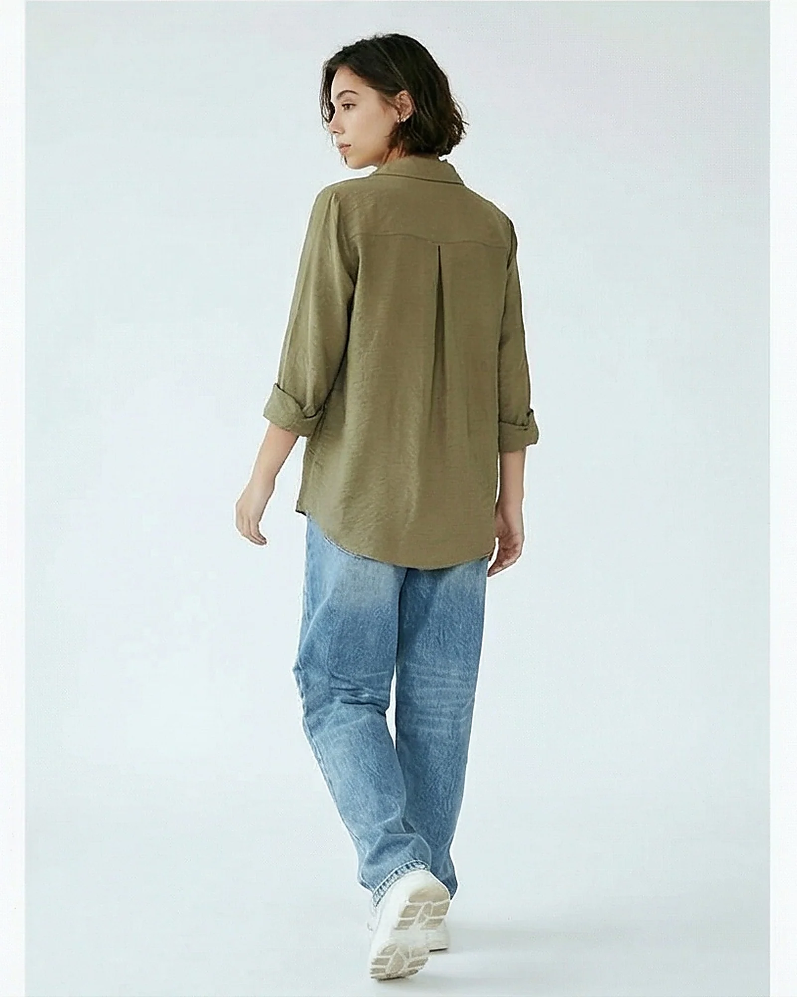 Women's Earthy Olive Crinkle-Texture Button-Down Shirt - R217239 - Image 4