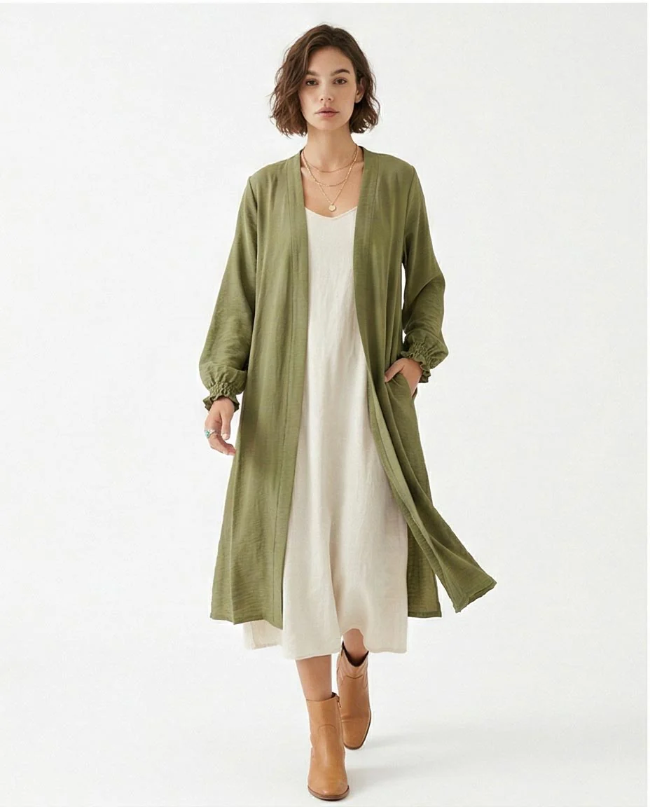 Olive Green Open-Front Longline Cardigan - Image 2