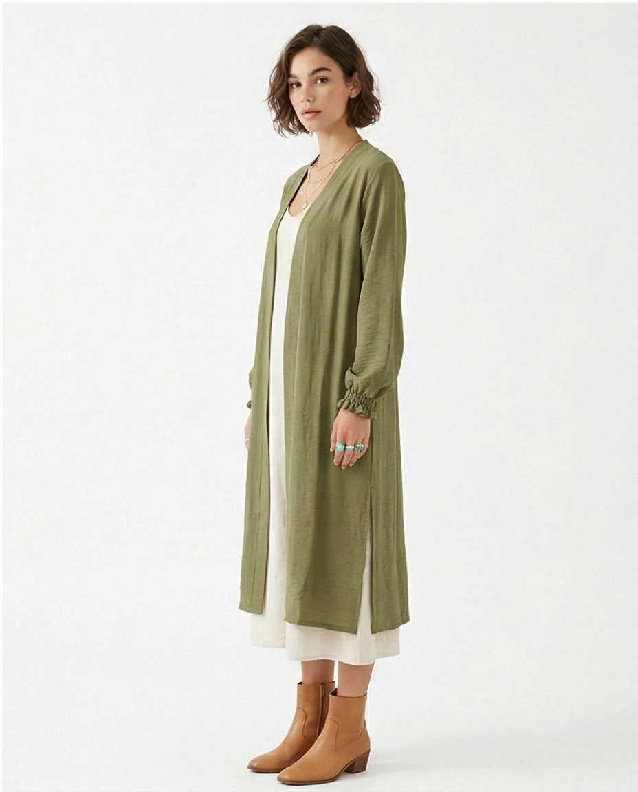 Olive Green Open-Front Longline Cardigan - Image 3