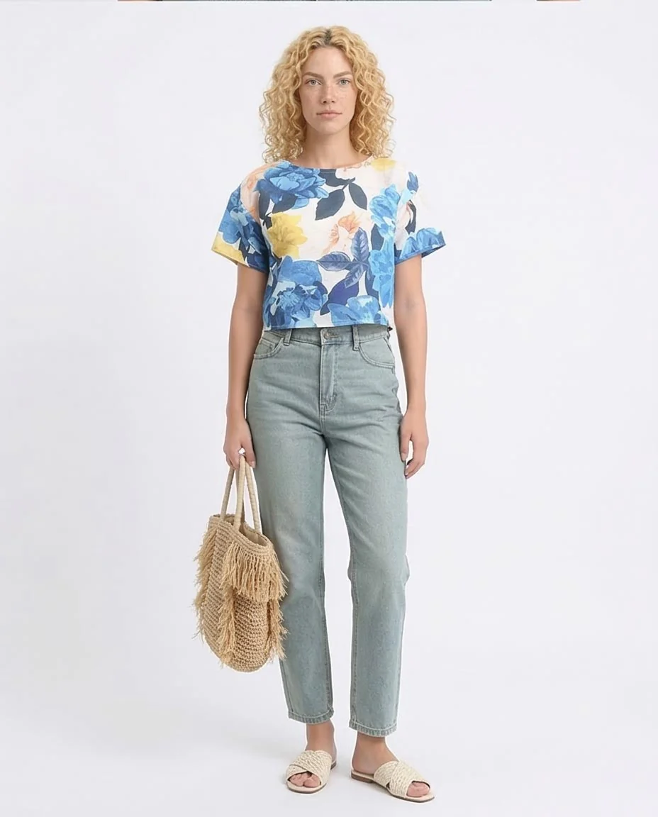 Ravin Women’s Painterly Floral Boxy Crop Top – Blue & Mustard - R208493 - Image 3