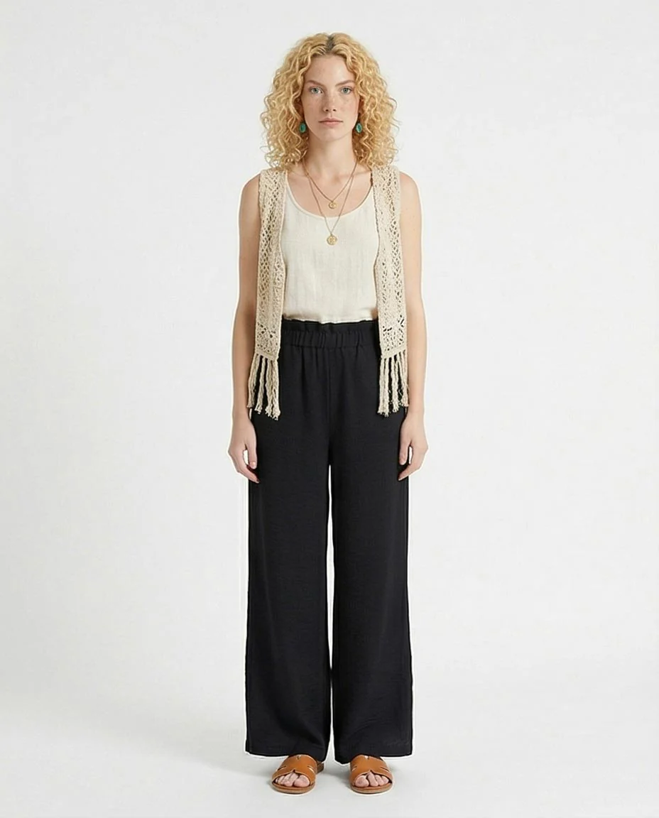 Ravin Women’s Paperbag High-Waist Linen Trousers – Black Wide Leg Relaxed Fit Pants - R217072 - Image 3