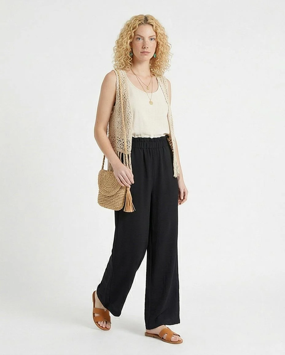 Ravin Women’s Paperbag High-Waist Linen Trousers – Black Wide Leg Relaxed Fit Pants - R217072 - Image 4